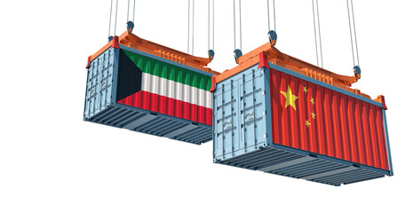 Freight containers with Kuwait and China national flags. 3D Rendering