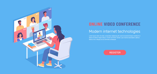 Video conference online isometric template vector illustration 