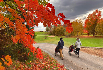 Two golfers pushing their golf carts down a cart path on a beautiful cool October autumn day in Canada - 383582093