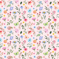 Watercolor botanical seamless pattern with small flowers. Cute floral print, blooming summer meadow illustration with butterflies and wildflowers on pink background. Nursery designer paper