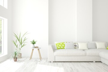 White minimalist living room with sofa. Scandinavian interior design. 3D illustration