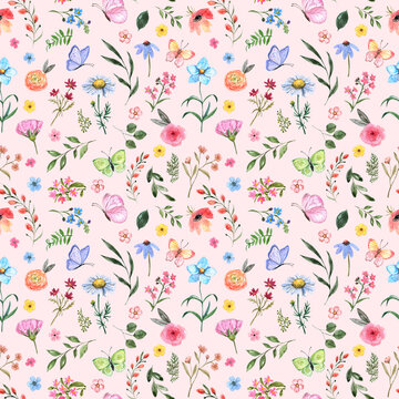 Watercolor botanical seamless pattern with small flowers. Cute floral print, blooming summer meadow illustration with butterflies and wildflowers on pink background. Nursery designer paper