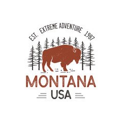 Montana USA logo template, retro national park adventure emblem design with bison buffalo and trees head. Unusual vintage art style sticker. Stock vector label © jeksonjs