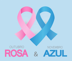 Pink October blue November in Portuguese language. Pink and blue awareness ribbon vector. Breast and prostate cancer together in heart shape. Pink October blue November concept.