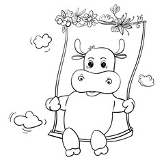 Cute Bull or Cow in the swing. Dreams of bull Illustration for any design. Baby Shower invitation cards, Cartoon Coloring illustration.