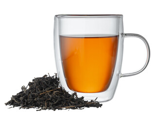 Glass cup of tea with dry tea leaves isolated on white
