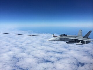Refuelling a Canadian Armed Forces CF-18 from a CC-150 Polaris Tanker.