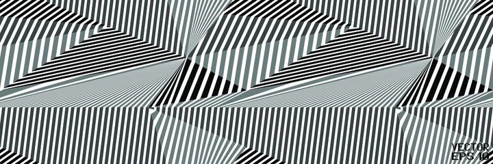 Abstract Seamless Black and White Geometric Pattern with Stripes. Optical Psychedelic Illusion. Contrasting Textured Volumetric Surface. Vector. 3D Illustration