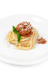 Pasta bolognese on white background close up