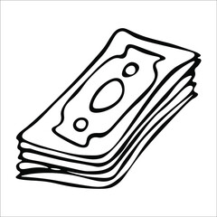 A stack of cash. Single doodle vector illustration. Hand drawn.