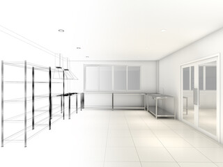 abstract sketch design of kitchen room ,3d rendering