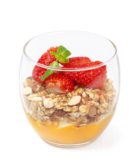 Granola with jam and strawberries isolated on white