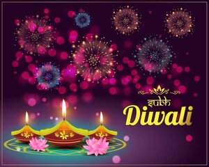 Vector greeting of Subh Diwali means happy diwali, festival of lights, diya lamp, oil lamp, diya danglers, patterns, colorful bokeh background, vector 