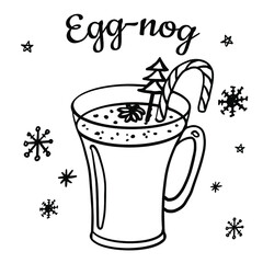 Eggnog line illustration with 
candy cane, christmas tree and star anise isolated on white background. New Year hot drink vector hand drawn illustration for menu, banners, flyer design. 