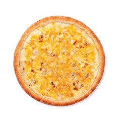 Top view of round pizza isolated on white