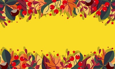 Border decorated with autumn colored leaves and red berries, Cute and bright banner for signs and advertising, Poster for autumn holidays, Discounts and sales Poster.