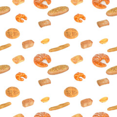 Seamless pattern varied set fresh bread products isolated on white