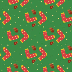 Seamless pattern cozy socks. Pine cones and snow. Vector