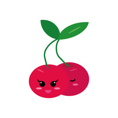 cherry with a cute smiling face in vector flat isolated on white. fruit, berry, character, card, sticker, icon, poster