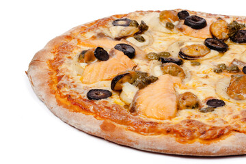 Close up photo of fresh pizza isolated on white