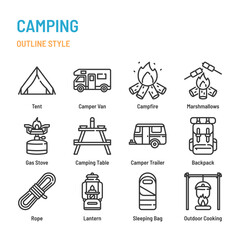 Fototapeta premium Camping Activities in outline icon and symbol set