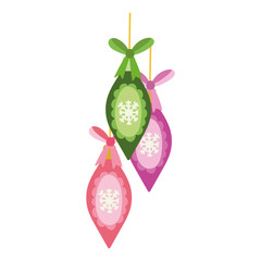 merry christmas, decorative balls with ribbon celebration, isolated design