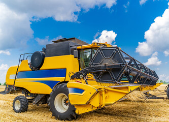 Obraz na płótnie Canvas Special machine harvesting crop in fields, Agricultural technic in action. Ripe harvest concept. Crop panorama. Cereal or wheat gathering. Heavy machinery, blue sky above field.