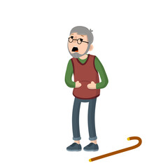 Old man holding his stomach. Senior with griping. Elderly man sick. Vector illustration flat design.