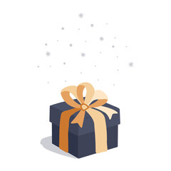 Vector illustration. The festive box is tied with a yellow ribbon and bow. Snowflakes falling from above.