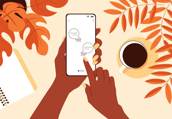 African female hand hold smartphone with message on screen. Touch screen gadget in woman's arm. Vector Illustration.