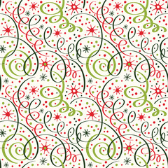 Christmas pattern with serpentine, stars and confetti.