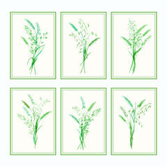 Retro cards with meadow grass bouquets in green