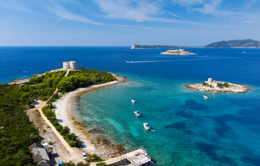 Montenegro. Arza fortress. Island and Monastery of the Holy Introduction, Church of the Introduction of the Blessed Virgin Mary. Island and fortress Mamula