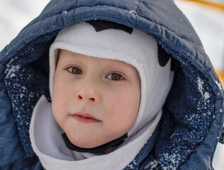 Close up portrait of cute little toddler boy in panda hat. Winter lifestyle. Frosty weather.