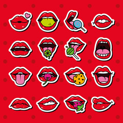 pop art lips with candies icon set, line and fill style