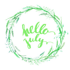 Green grass round wreath with hello july lettering