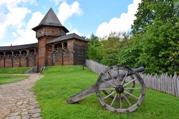 The territory of the wooden Cossack fortress with restored historical buildings in Baturin Ukraine. Ukrainian heritage, tourist attractions. Medieval wooden fortress in Chernihiv region near the Seym 