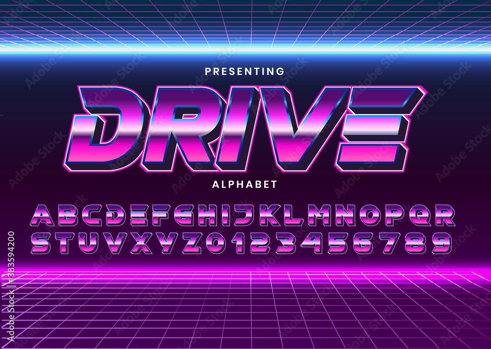 Poster retro futuristic 80s font style. vector alphabet with chrome effect template for game title, poster 