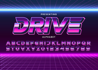 Retro Futuristic 80s font style. Vector alphabet with chrome effect template for game title, poster headline, old style