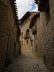 Naklejka premium Cobbled streets and stone houses in the medieval village of Mirambel, Teruel , Spain