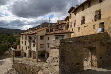 Fototapeta premium Cobbled streets and traditional stone houses in the medieval village of Mirambel, Teruel , Spain