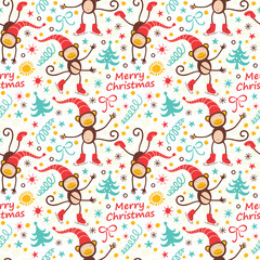 Christmas seamless pattern with funny monkeys.