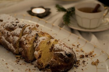 Traditional Christmas Sweet Bread Closeup In The Vintage Mood And Style