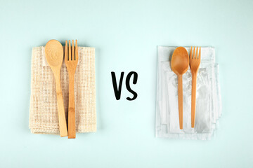 Reusable and disposable plactic bags and cutlery. Zero waste concept. Eco trend