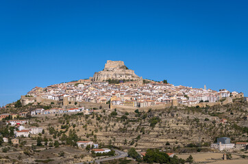 Fototapeta na wymiar The medieval city of Morella with its walls and the castle on top of the mountain, Morella, Castellon, Spain