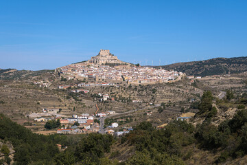 The medieval city of Morella with its walls and the castle on top of the mountain, Morella, Castellon, Spain