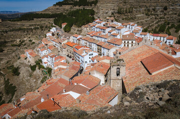 City landscape top view of the medieval village of Ares del Maestre, Castellón, Spain