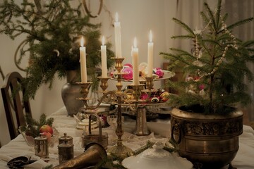 Traditional Christmas Table Setting  With The Antique Chandelier And Christmas Tree In The Vintage Mood And Style 