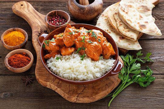 Chicken tikka masala spicy curry meat food in a clay plate with rice