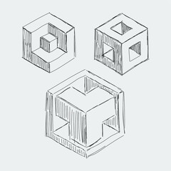 Hand-drawn polygonal cube shape in 3D perspective black and white